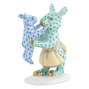 Herend Mother Bunny with Child Green with Blue