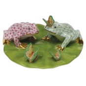 Herend Frogs On Lily Pad - Raspberry & Lime Green